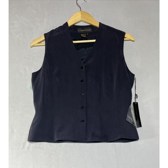 Classiques Entier Silk Button Up Suit Vest Blouse Womens Small Navy V Neck - Picture 1 of 9